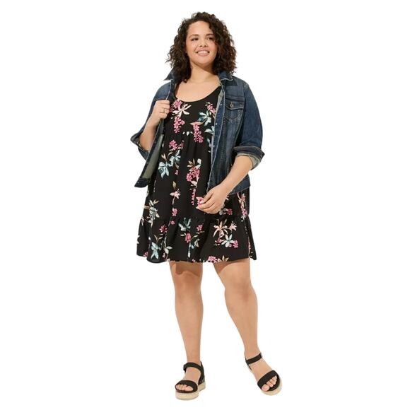 Torrid Mini Challis Tiered Tank Dress Orchid Gardens Floral Deep Black - Picture 3 of 8